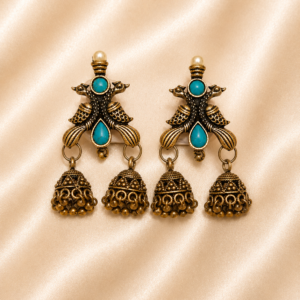 Antique Brass Peacock Dual Jhumka Earrings with Turquoise