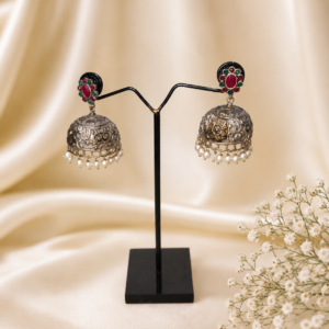 German Silver Floral Jhumka Earrings with Pearls
