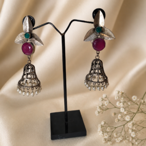 Handcrafted Silver Cage Jhumka Earrings with Pearls
