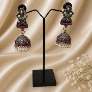 German Silver Lakshmi Temple Jhumka Earrings with Pearls