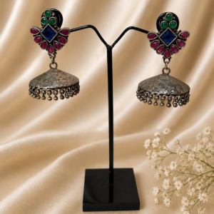 Handcrafted German Silver Multi Stone Jhumka Earrings