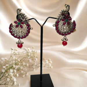 Grand Antique Peacock Statement Earring with Pink Stones