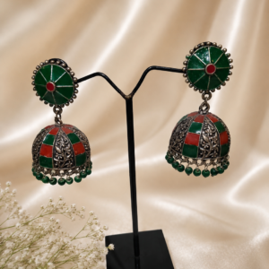 Handcrafted Green Red Checkerboard Meenakari Jhumkas