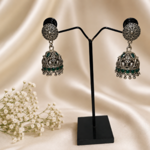 Traditional German Silver Green Stone Jhumka Earrings