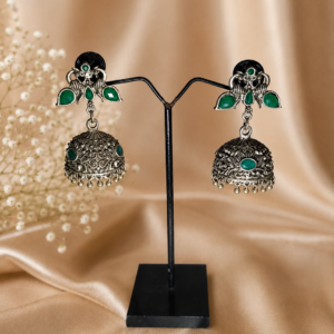 German Silver Emerald Green Stone Jhumka Earrings