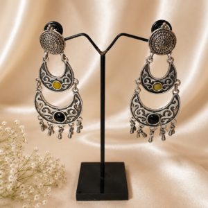 German Silver Tiered Crescent Dangle Earrings with Stones