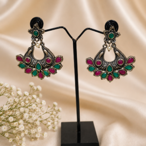Antique Oxidised Green & Pink Stone Earrings