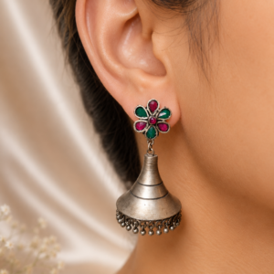 German Silver Funnel Jhumka Earrings with Color Stones