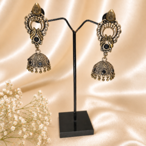 Antique Brass Black Stone Carved Heritage Jhumka Earrings