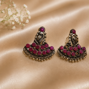 Antique Brass Crescent Ruby Stone Stud Drop Earrings