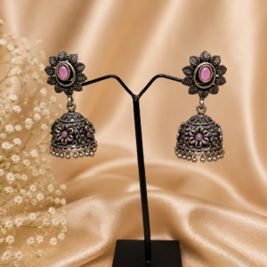 Handcrafted German Silver Pink Stone Jhumka Earrings