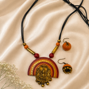 Handmade Rainbow Terracotta Ganesha Necklace Set with Earrings
