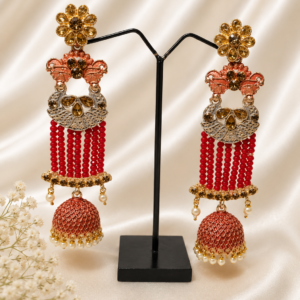 Red Beaded Chandelier Jhumka Earrings with Peach Domes