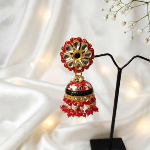 Red Meenakari Floral Kundan Jhumka Statement Earrings
