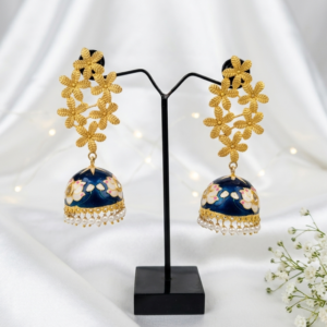 Royal Blue Lotus Meenakari Jhumka Earrings With Pearl Drops