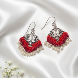Maroon Crochet Filigree Dangler Earrings with Pearls