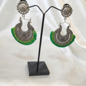 Emerald Green Thread Crochet Crescent Silver Earring
