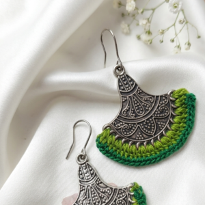 Green Crochet Thread Fan Dangler Earrings in Silver
