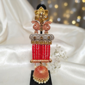 Vibrant Red Beaded Chandelier Jhumka Earrings with Pearls