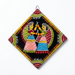 Dandiya Dance Hand-Painted Diamond Wooden Wall Plaque