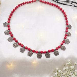 Handmade Red Beaded Choker Necklace with Silver Charms
