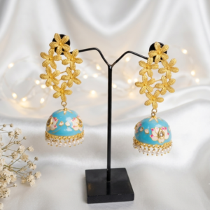 Sky Blue Floral Meenakari Jhumka Earrings With Pearl Droplets