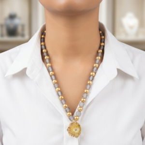 Handcrafted Grey Bead Strand Necklace with Agate Pendant