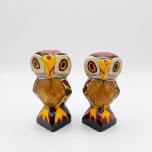 Whimsical Handcarved Wooden Owl Figurine Set of Two