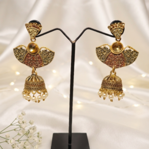 Antique Gold Wing Filigree Jhumka Earrings with Pearls