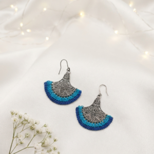 German Silver Fan Earrings With Blue Crocheted Thread Fringe