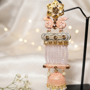Pale Pink Beaded Chandelier Jhumkas with Pearl Drops
