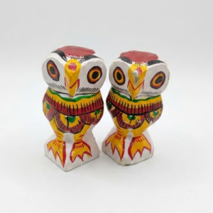 Handpainted White Wooden Owl Sculpture Pair for Tabletop