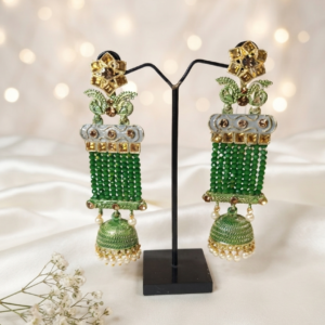 Emerald Green Beaded Chandelier Jhumka Drop Earrings