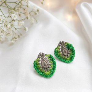 Handcrafted Green Thread Stud Earrings With German Silver