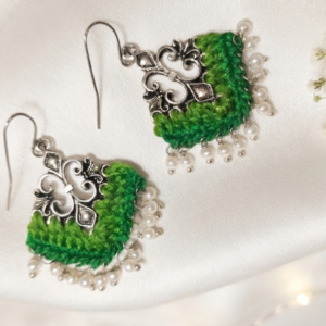 Parrot Green Crochet Filigree Earrings with Pearls