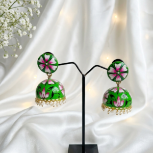 Handmade Green Terracotta Lotus Painted Jhumka Earrings