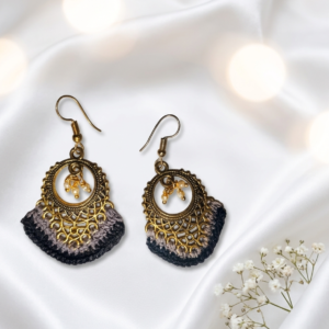 Charcoal Grey Crochet Hoop Earrings with Pearl Cluster
