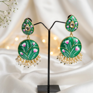 Handcrafted Green Meenakari Floral Dangle Earrings With Pearls