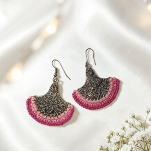 Dual Tone Pink Crochet Fan Dangler Earrings in Brass