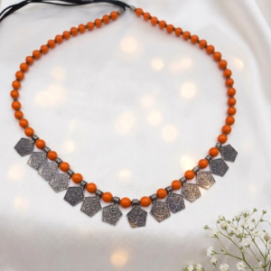 Handmade Orange Beaded Choker Necklace with Coin Charms