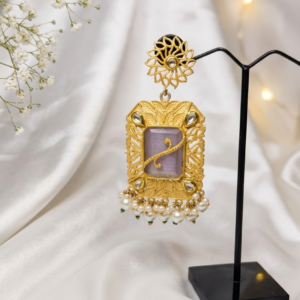Gold Rectangular Yellow Stone Earrings with Pearl Drops