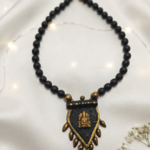 Handmade Black Terracotta Ganesha Pendant Necklace