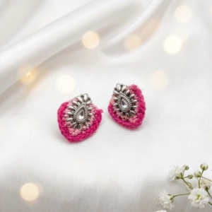 Handmade Pink Thread Stud Earrings With German Silver Motif