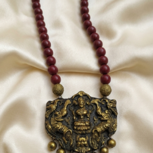 Handcrafted Terracotta Bead Necklace with Gold Temple Pendant