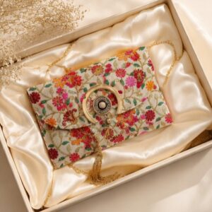 Ivory Floral Embroidered Ethnic Clutch Bag for Weddings & Festive Occasions
