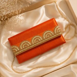 Sunset Orange Embroidered Silk Bridal Clutch for Weddings & Festive Wear
