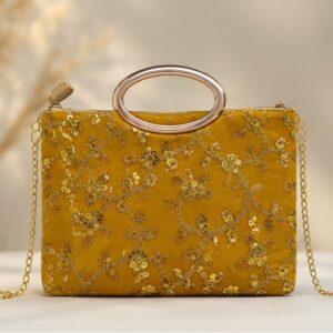 Golden Floral Embroidered Party Clutch