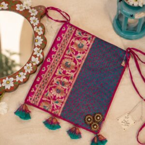 Royal Blue & Pink Banarasi Inspired Ethnic Crossbody Bag with Tassels