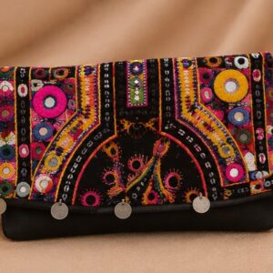 Handcrafted Multicolor Mirror Work Embroidered Foldover Clutch for Women