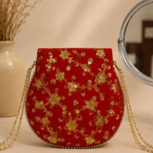 Luxury Red Embroidered Velvet Potli Bag with Chain Handle